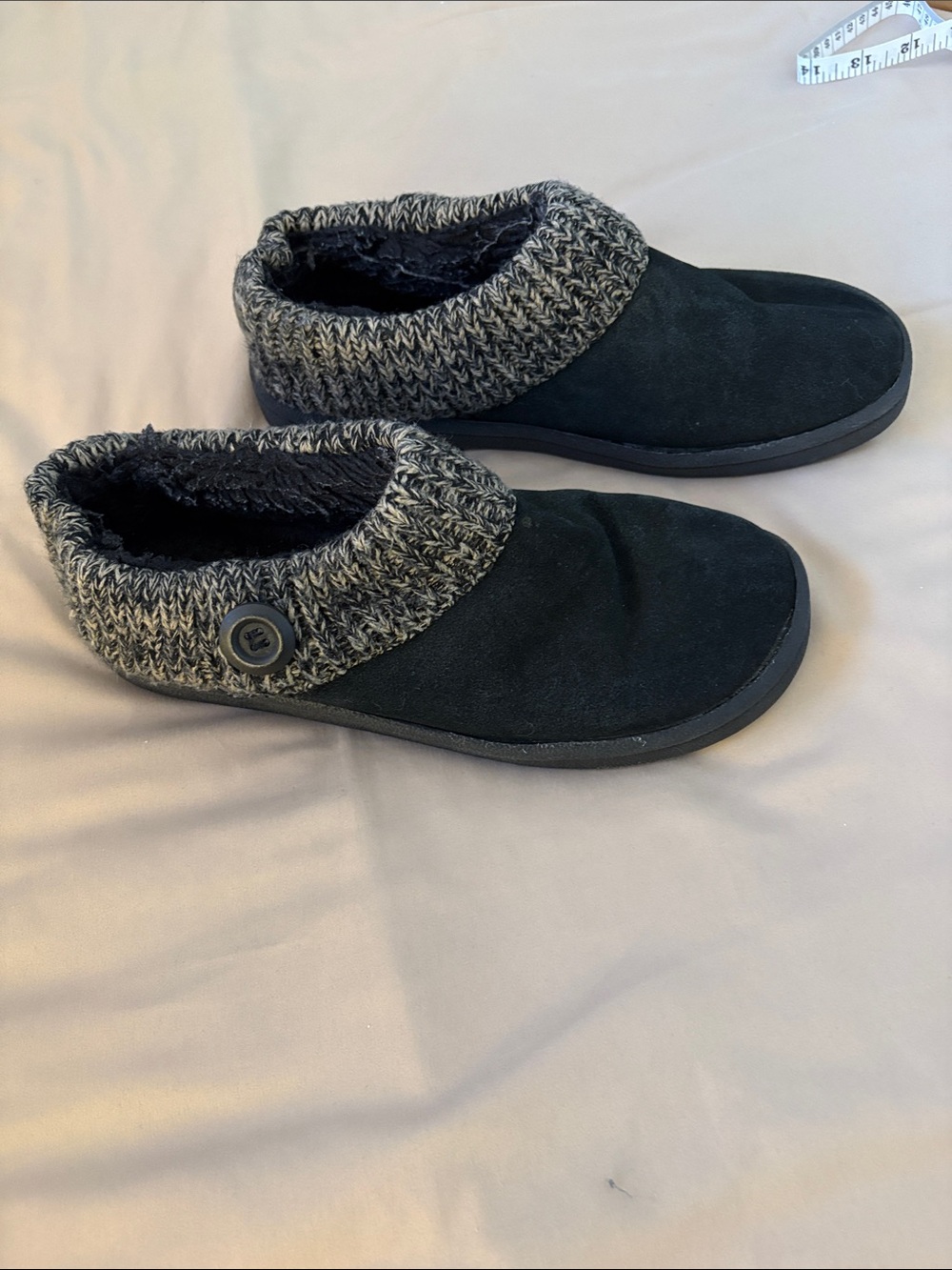 Clarks Black Suede Knit Cuff Slippers